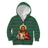 Sacred Heart Jesus Christmas Kid Hoodie with Festive Green Knit Pattern - Wonder Print Shop