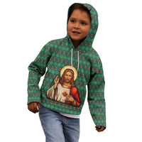 Sacred Heart Jesus Christmas Kid Hoodie with Festive Green Knit Pattern - Wonder Print Shop