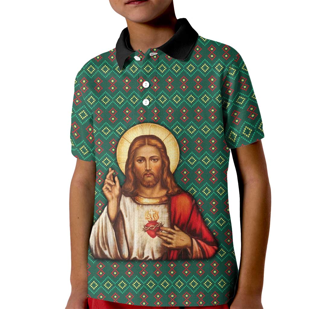 Sacred Heart Jesus Christmas Kid Polo Shirt with Festive Green Knit Pattern - Wonder Print Shop