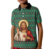 Sacred Heart Jesus Christmas Kid Polo Shirt with Festive Green Knit Pattern - Wonder Print Shop