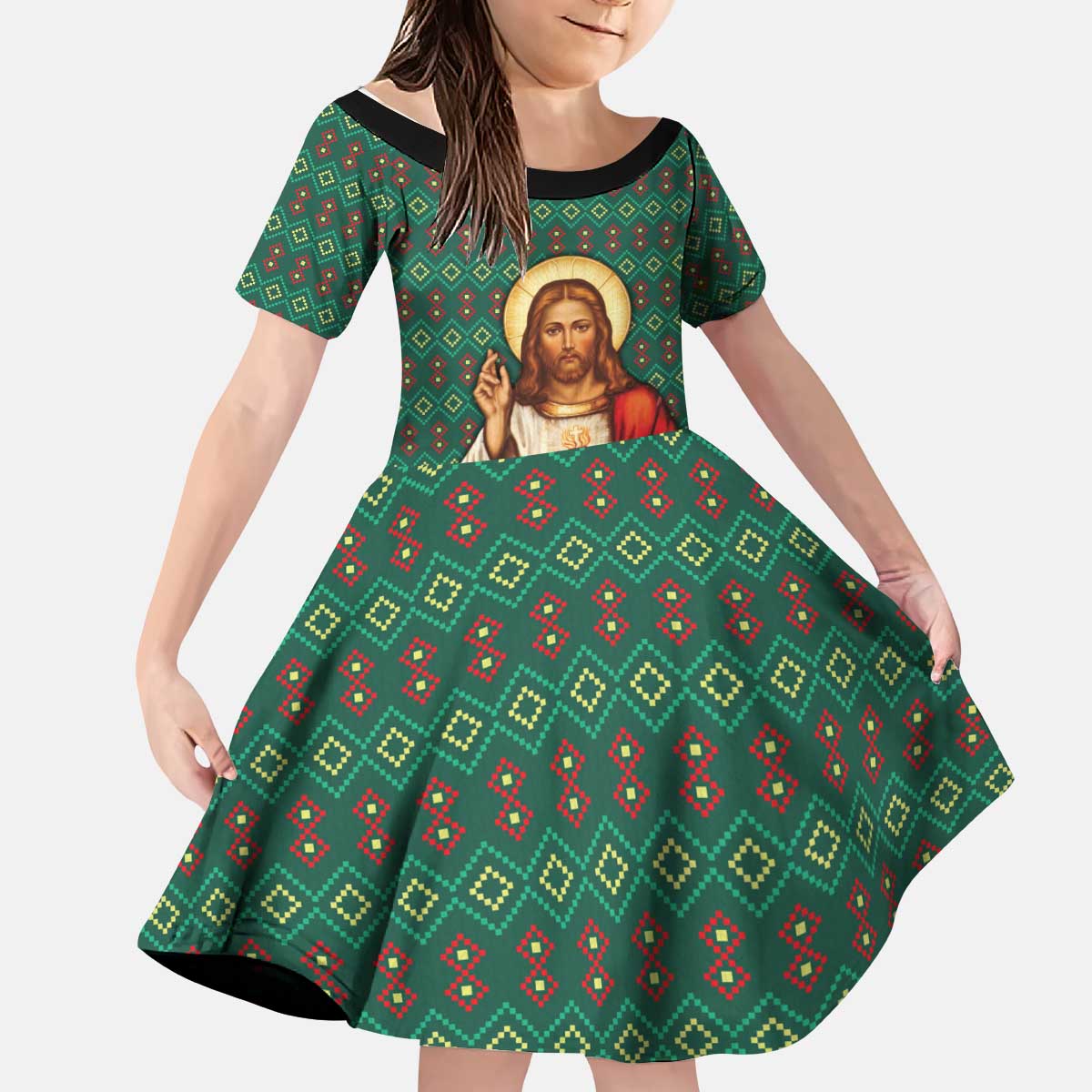 Sacred Heart Jesus Christmas Kid Short Sleeve Dress with Festive Green Knit Pattern - Wonder Print Shop