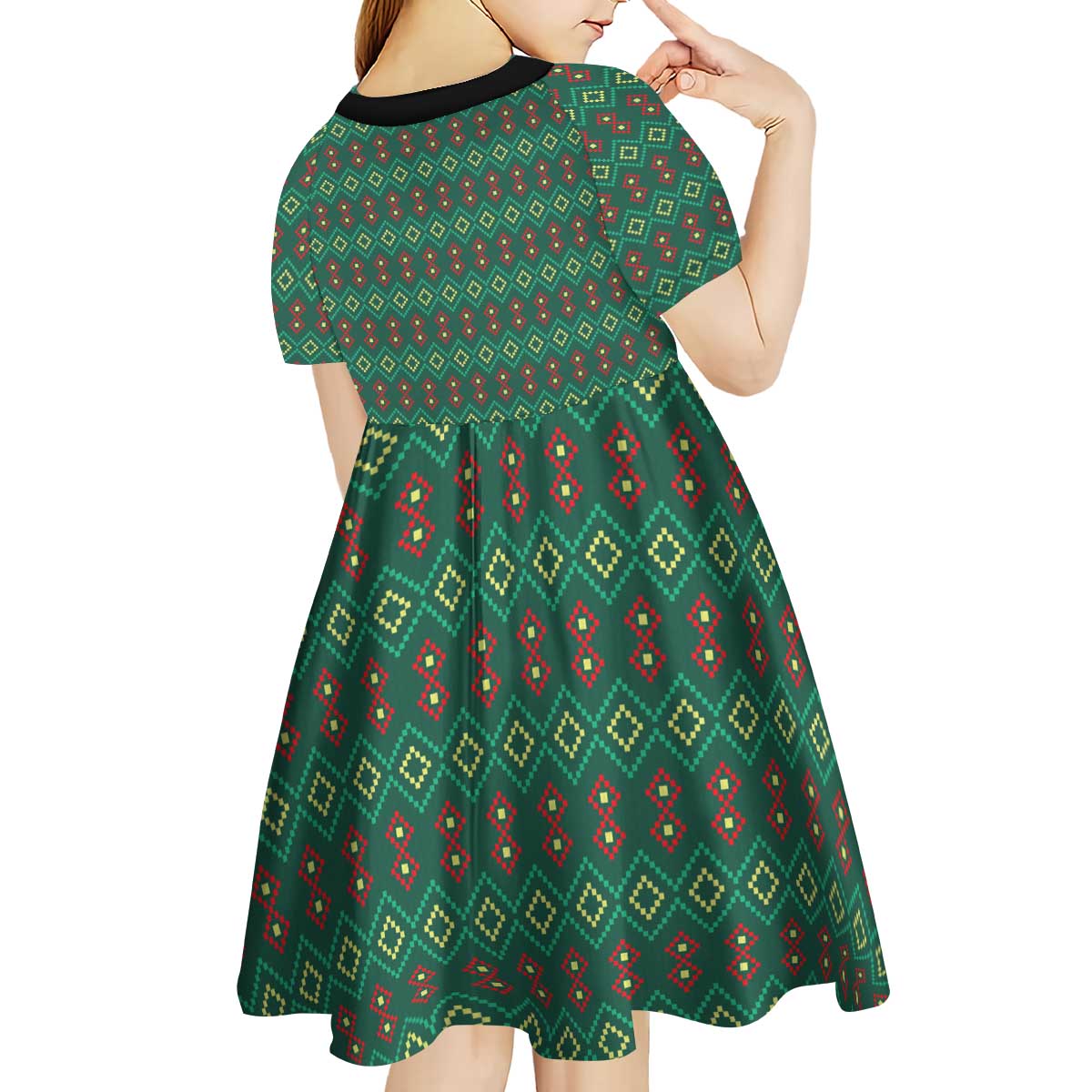 Sacred Heart Jesus Christmas Kid Short Sleeve Dress with Festive Green Knit Pattern - Wonder Print Shop