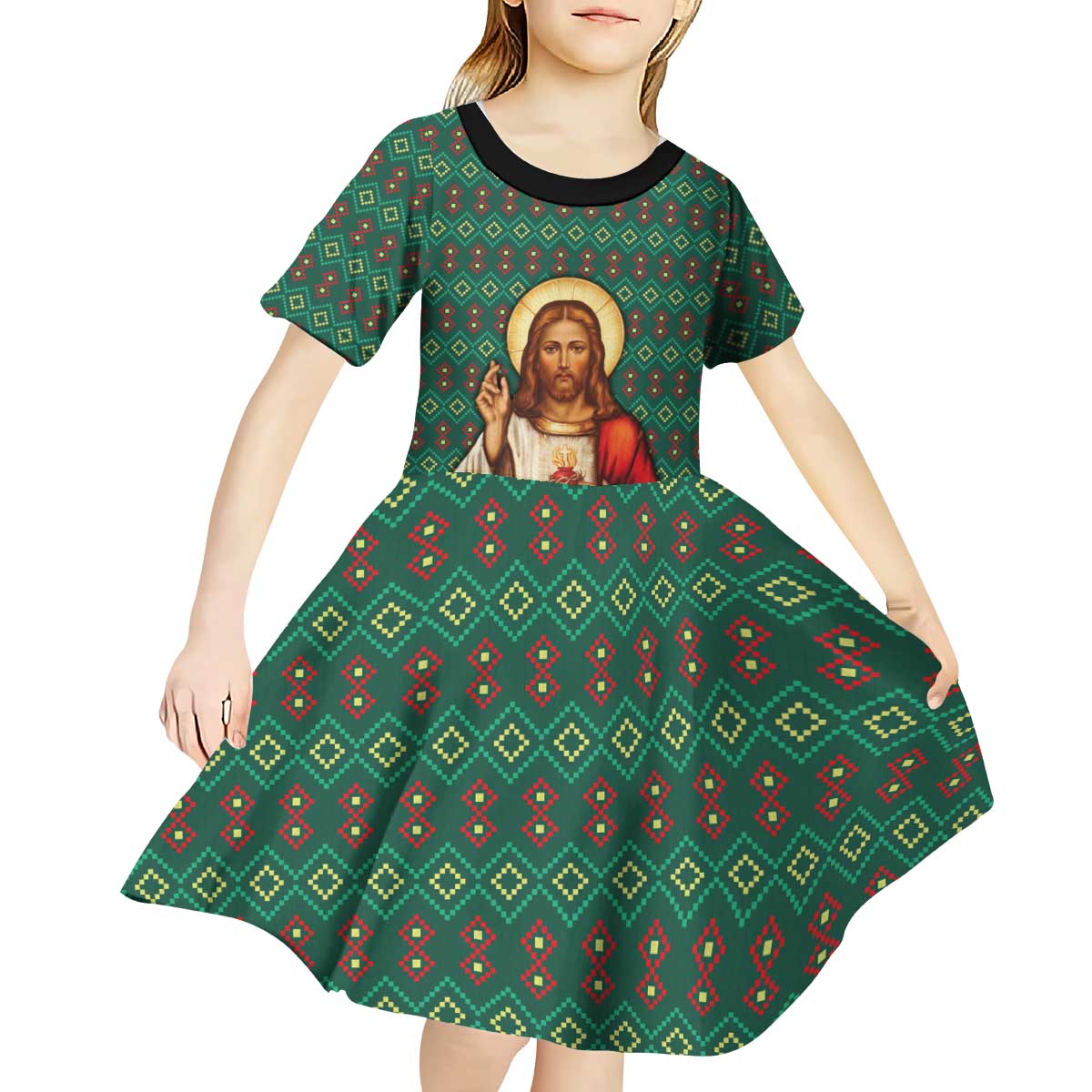 Sacred Heart Jesus Christmas Kid Short Sleeve Dress with Festive Green Knit Pattern - Wonder Print Shop