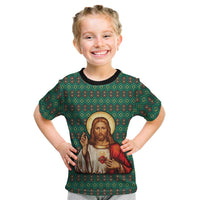 Sacred Heart Jesus Christmas Kid T Shirt with Festive Green Knit Pattern - Wonder Print Shop