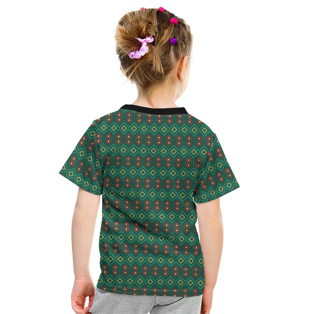 Sacred Heart Jesus Christmas Kid T Shirt with Festive Green Knit Pattern - Wonder Print Shop
