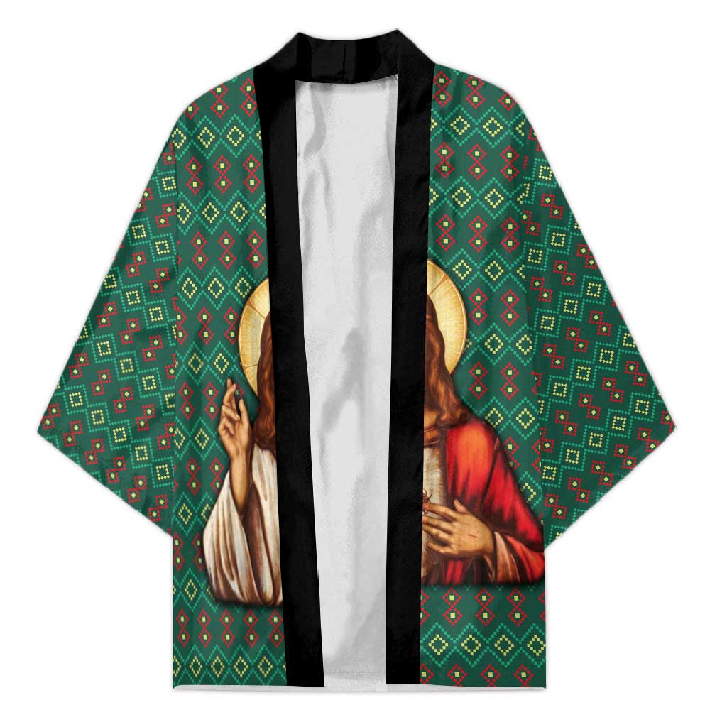 Sacred Heart Jesus Christmas Kimono with Festive Green Knit Pattern - Wonder Print Shop
