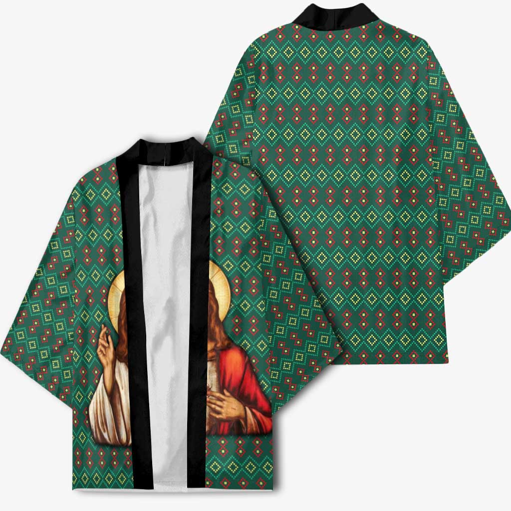 Sacred Heart Jesus Christmas Kimono with Festive Green Knit Pattern - Wonder Print Shop
