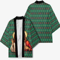 Sacred Heart Jesus Christmas Kimono with Festive Green Knit Pattern - Wonder Print Shop