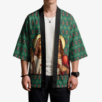 Sacred Heart Jesus Christmas Kimono with Festive Green Knit Pattern - Wonder Print Shop