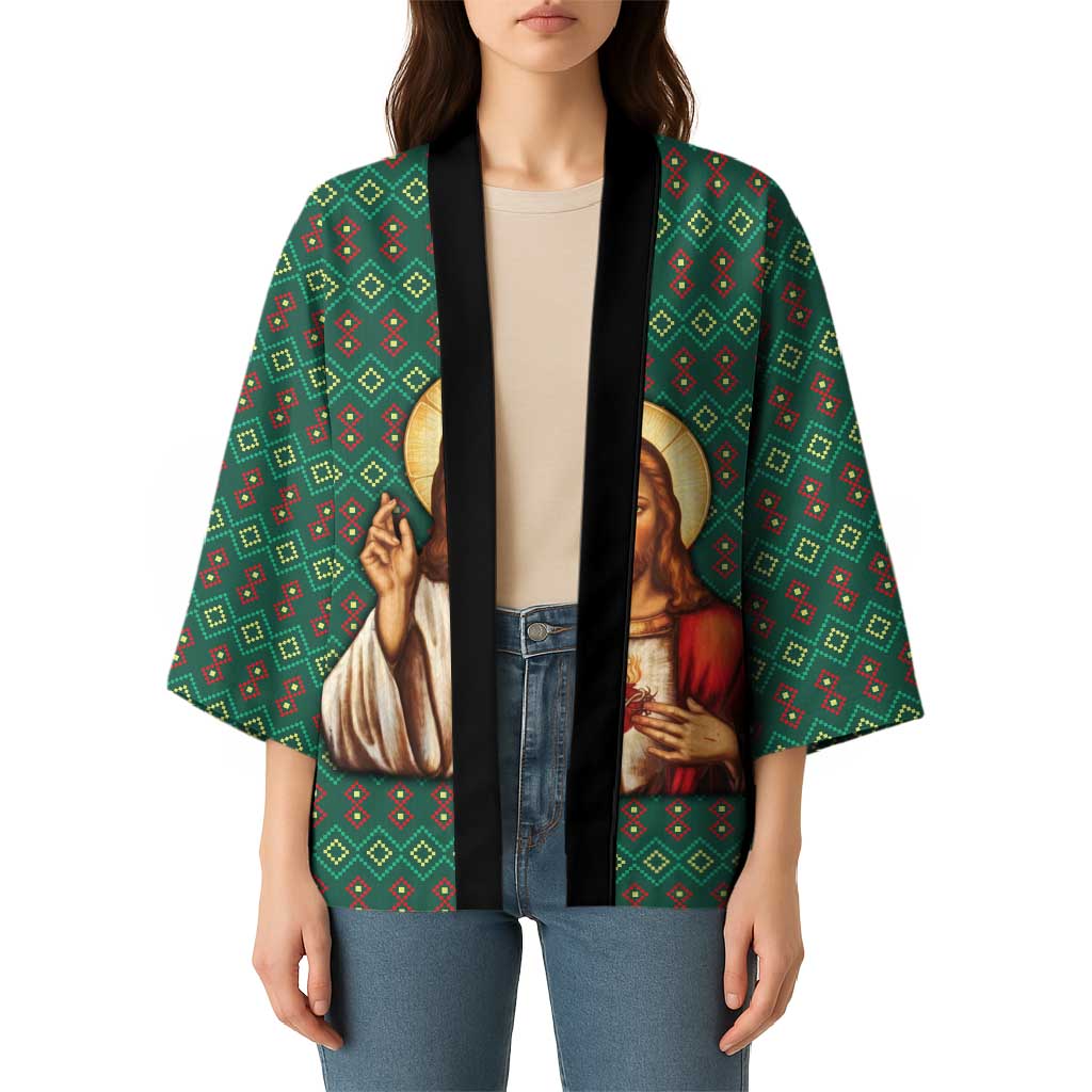 Sacred Heart Jesus Christmas Kimono with Festive Green Knit Pattern - Wonder Print Shop