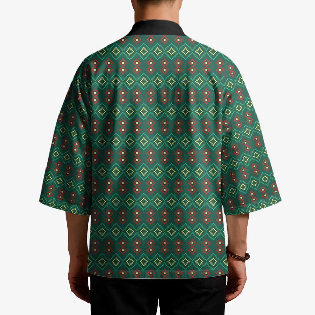 Sacred Heart Jesus Christmas Kimono with Festive Green Knit Pattern - Wonder Print Shop