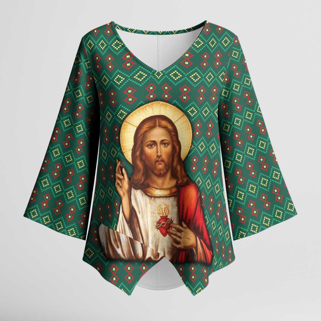 Sacred Heart Jesus Christmas Kimono Sleeve Blouse with Festive Green Knit Pattern - Wonder Print Shop