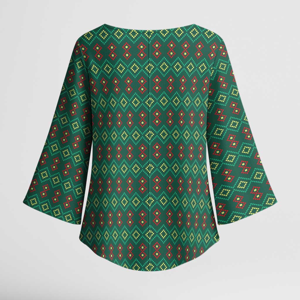 Sacred Heart Jesus Christmas Kimono Sleeve Blouse with Festive Green Knit Pattern - Wonder Print Shop