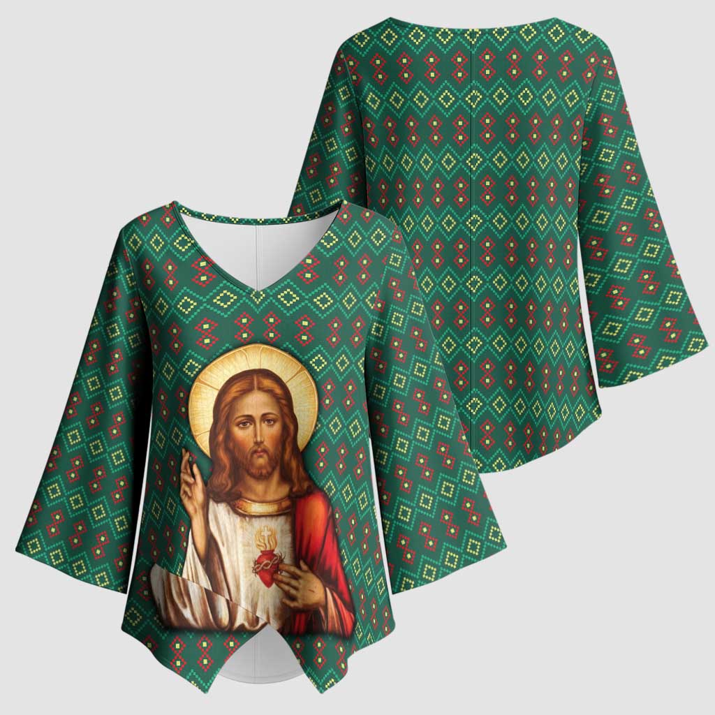 Sacred Heart Jesus Christmas Kimono Sleeve Blouse with Festive Green Knit Pattern - Wonder Print Shop