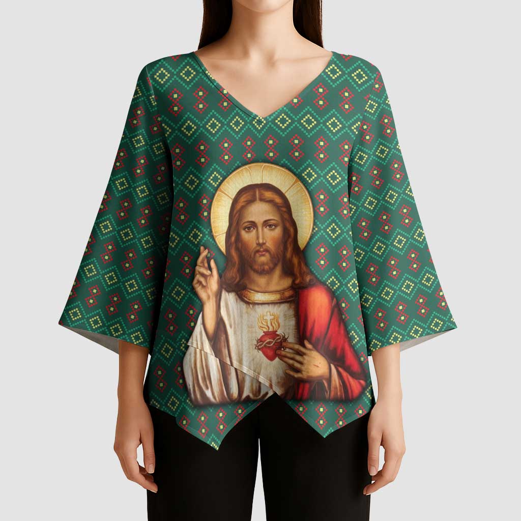 Sacred Heart Jesus Christmas Kimono Sleeve Blouse with Festive Green Knit Pattern - Wonder Print Shop