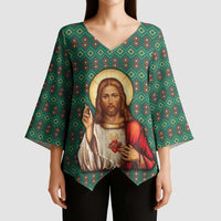 Sacred Heart Jesus Christmas Kimono Sleeve Blouse with Festive Green Knit Pattern - Wonder Print Shop