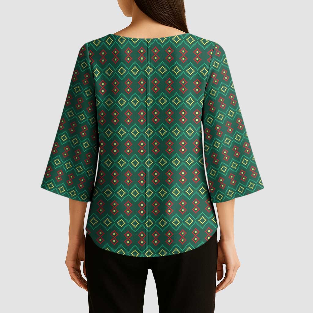 Sacred Heart Jesus Christmas Kimono Sleeve Blouse with Festive Green Knit Pattern - Wonder Print Shop