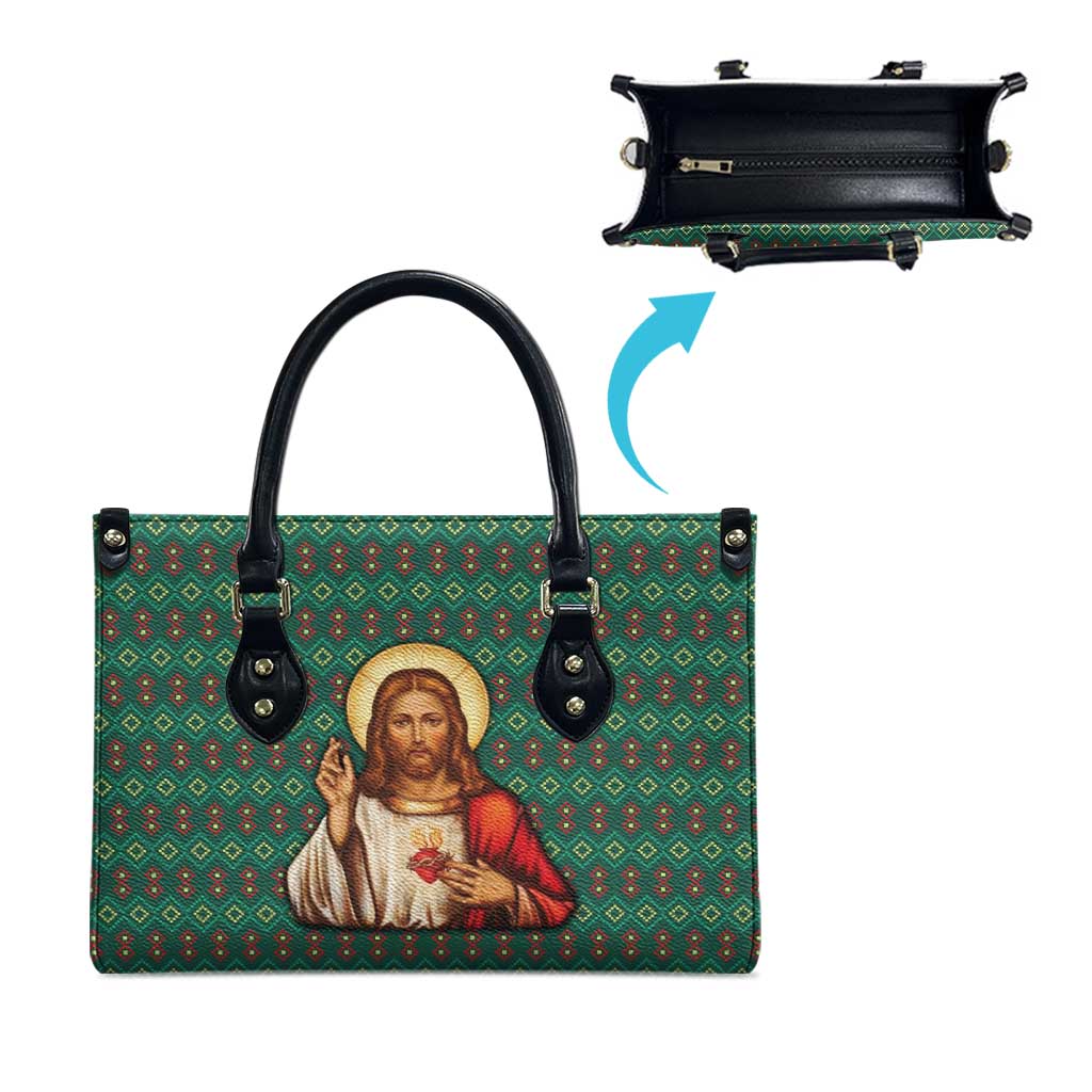 Sacred Heart Jesus Christmas Leather Bag with Festive Green Knit Pattern - Wonder Print Shop