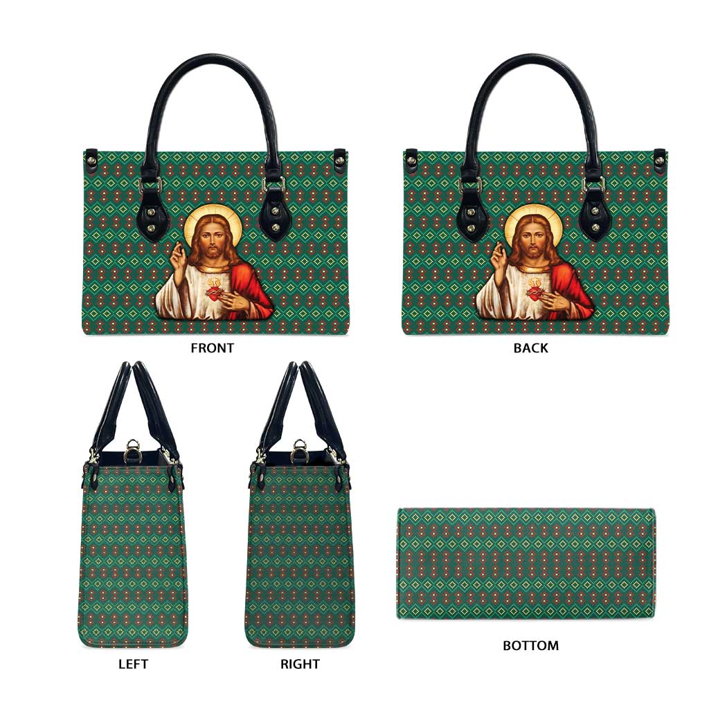 Sacred Heart Jesus Christmas Leather Bag with Festive Green Knit Pattern - Wonder Print Shop