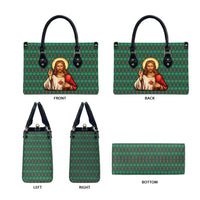 Sacred Heart Jesus Christmas Leather Bag with Festive Green Knit Pattern - Wonder Print Shop