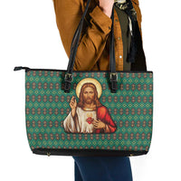 Sacred Heart Jesus Christmas Leather Tote Bag with Festive Green Knit Pattern - Wonder Print Shop