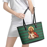 Sacred Heart Jesus Christmas Leather Tote Bag with Festive Green Knit Pattern - Wonder Print Shop