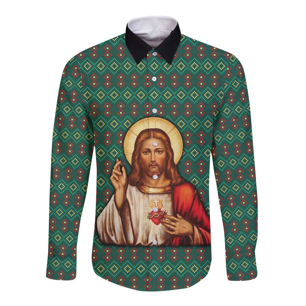 Sacred Heart Jesus Christmas Long Sleeve Button Shirt with Festive Green Knit Pattern - Wonder Print Shop