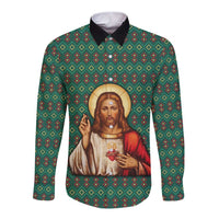 Sacred Heart Jesus Christmas Long Sleeve Button Shirt with Festive Green Knit Pattern - Wonder Print Shop