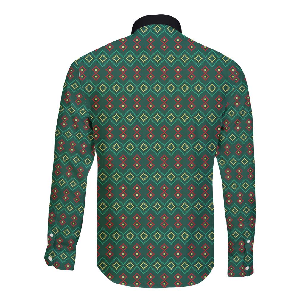 Sacred Heart Jesus Christmas Long Sleeve Button Shirt with Festive Green Knit Pattern - Wonder Print Shop