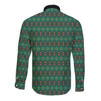 Sacred Heart Jesus Christmas Long Sleeve Button Shirt with Festive Green Knit Pattern - Wonder Print Shop