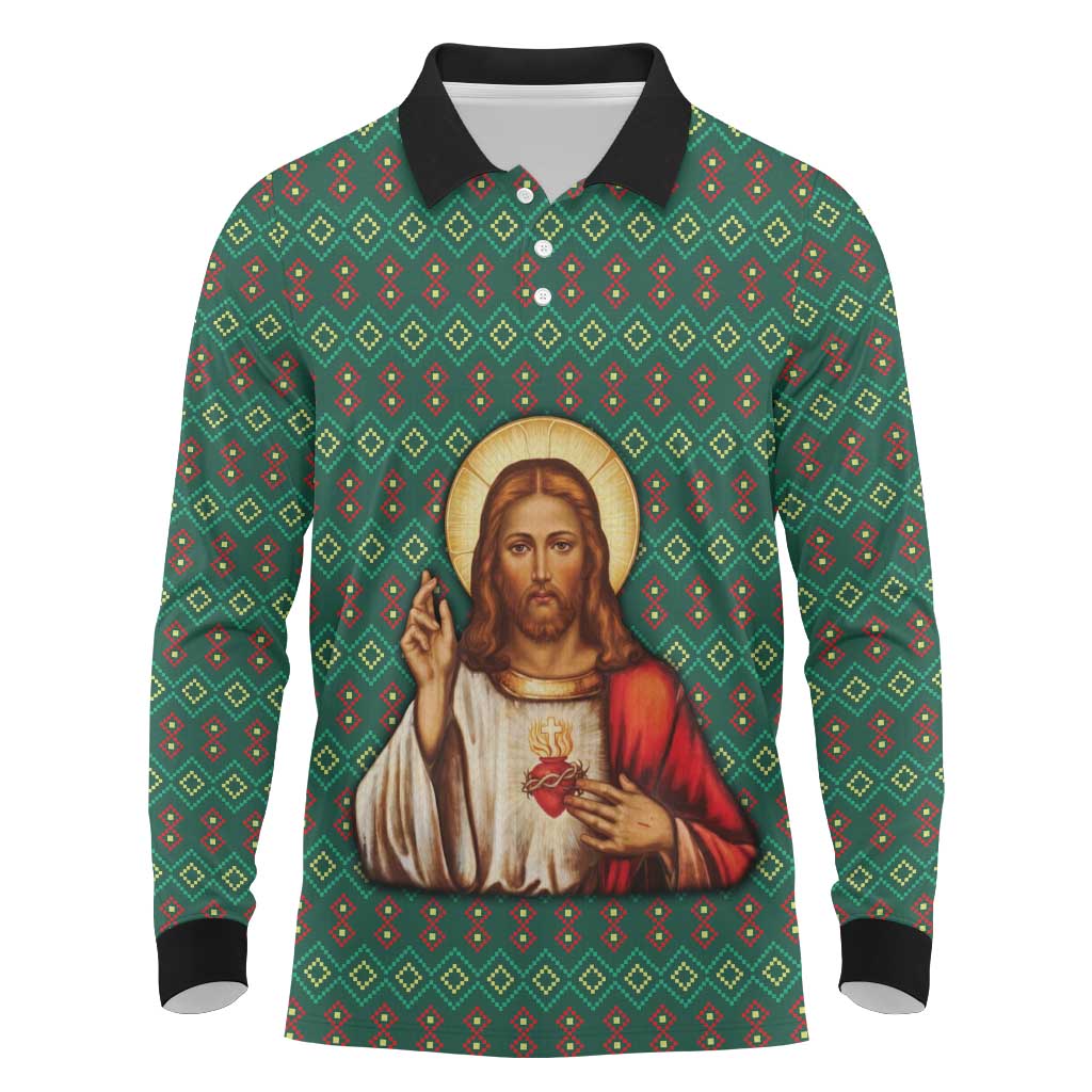 Sacred Heart Jesus Christmas Long Sleeve Polo Shirt with Festive Green Knit Pattern - Wonder Print Shop
