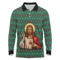 Sacred Heart Jesus Christmas Long Sleeve Polo Shirt with Festive Green Knit Pattern - Wonder Print Shop
