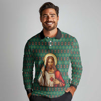 Sacred Heart Jesus Christmas Long Sleeve Polo Shirt with Festive Green Knit Pattern - Wonder Print Shop