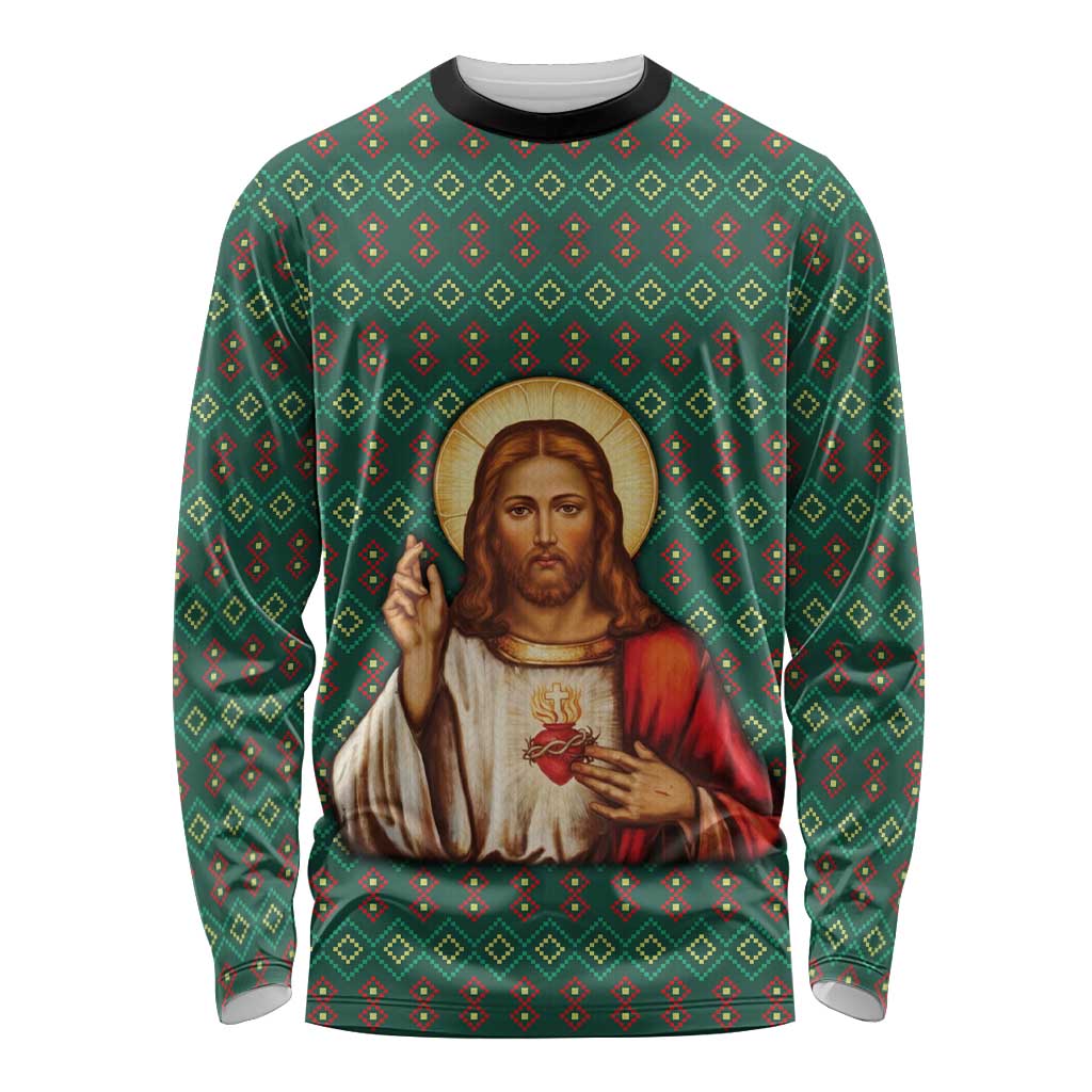 Sacred Heart Jesus Christmas Long Sleeve Shirt with Festive Green Knit Pattern - Wonder Print Shop