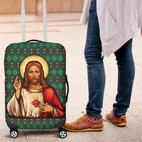 Sacred Heart Jesus Christmas Luggage Cover with Festive Green Knit Pattern - Wonder Print Shop