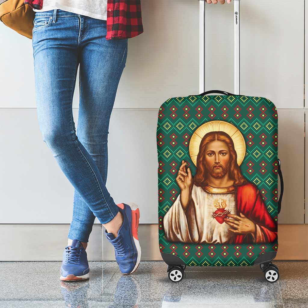 Sacred Heart Jesus Christmas Luggage Cover with Festive Green Knit Pattern - Wonder Print Shop