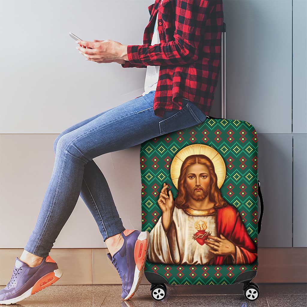 Sacred Heart Jesus Christmas Luggage Cover with Festive Green Knit Pattern - Wonder Print Shop