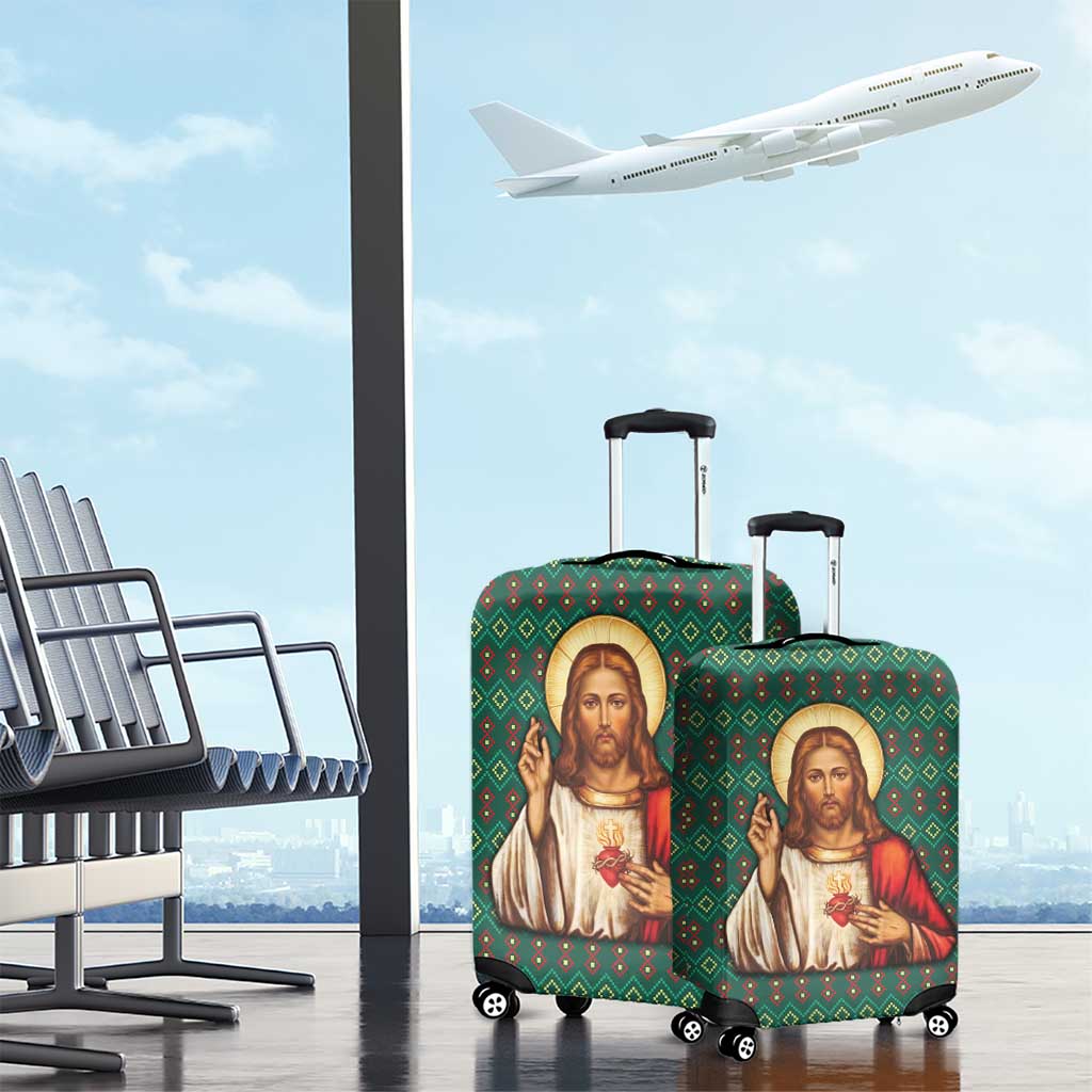 Sacred Heart Jesus Christmas Luggage Cover with Festive Green Knit Pattern - Wonder Print Shop