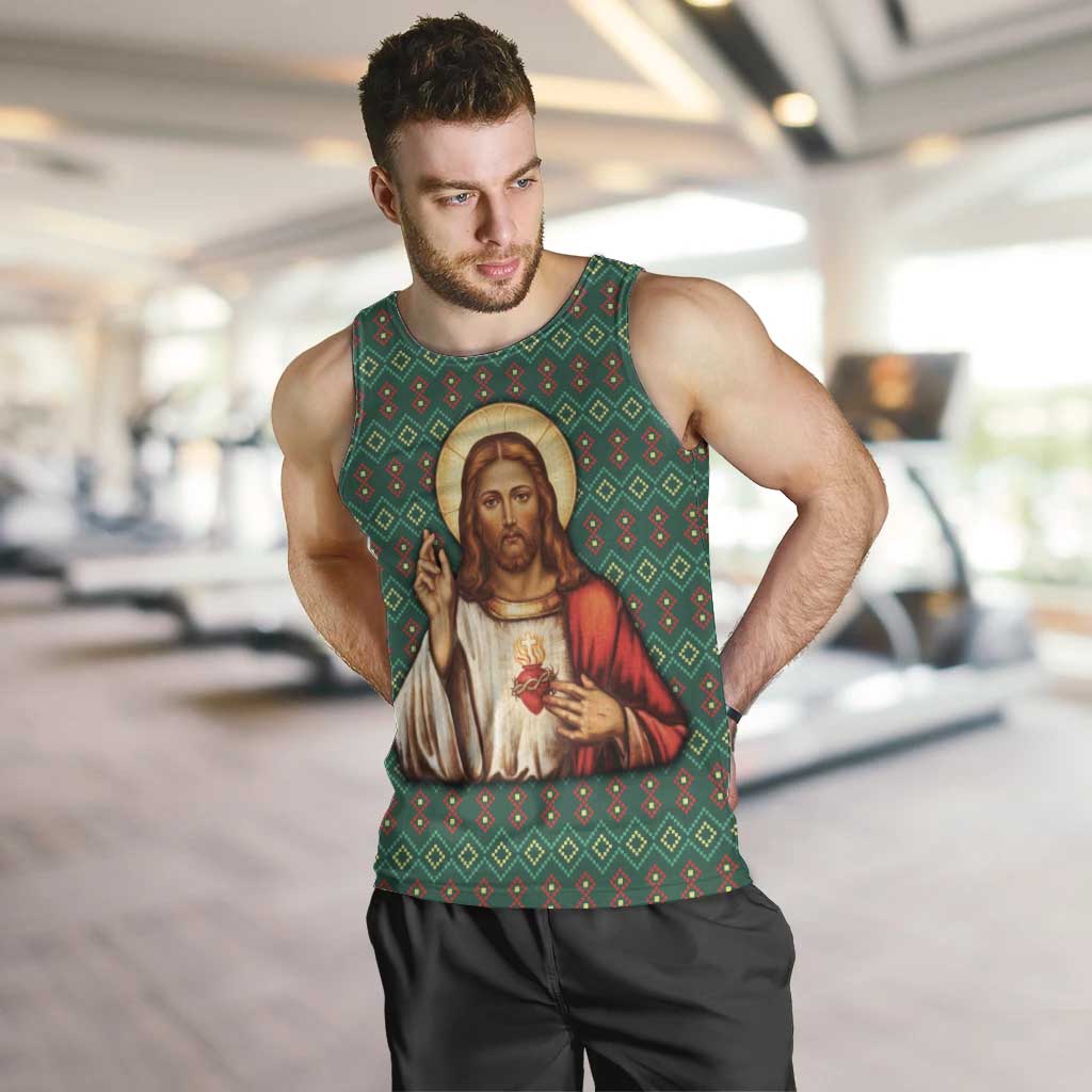 Sacred Heart Jesus Christmas Men Tank Top with Festive Green Knit Pattern - Wonder Print Shop