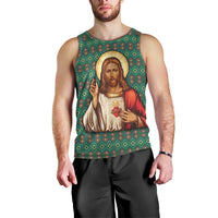 Sacred Heart Jesus Christmas Men Tank Top with Festive Green Knit Pattern - Wonder Print Shop