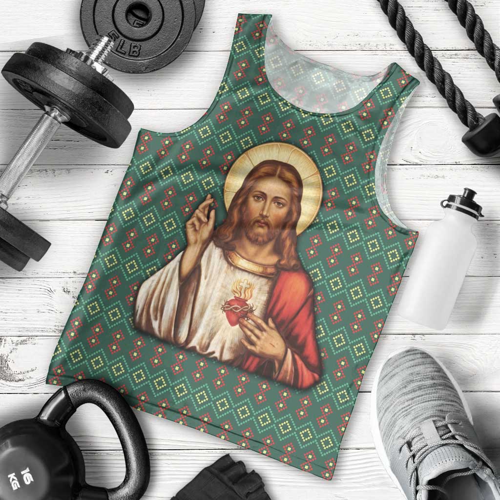 Sacred Heart Jesus Christmas Men Tank Top with Festive Green Knit Pattern - Wonder Print Shop