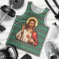 Sacred Heart Jesus Christmas Men Tank Top with Festive Green Knit Pattern - Wonder Print Shop