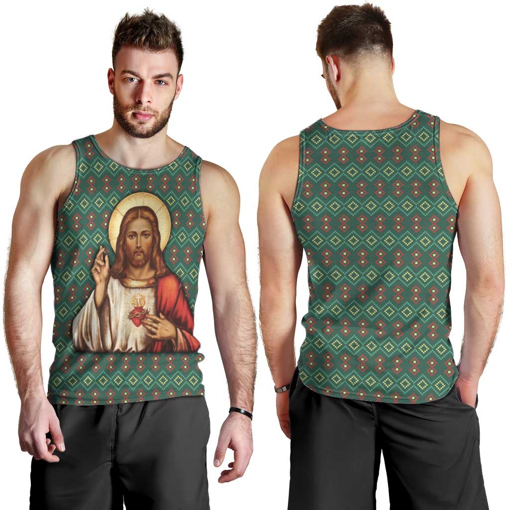 Sacred Heart Jesus Christmas Men Tank Top with Festive Green Knit Pattern - Wonder Print Shop