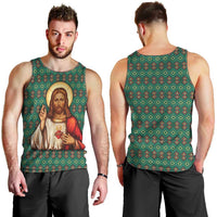 Sacred Heart Jesus Christmas Men Tank Top with Festive Green Knit Pattern - Wonder Print Shop