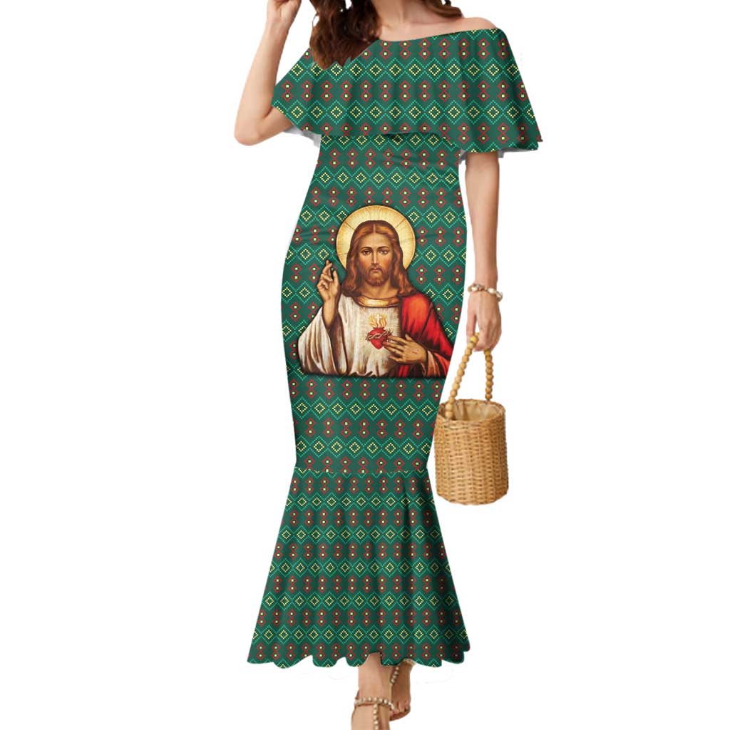 Sacred Heart Jesus Christmas Mermaid Dress with Festive Green Knit Pattern - Wonder Print Shop