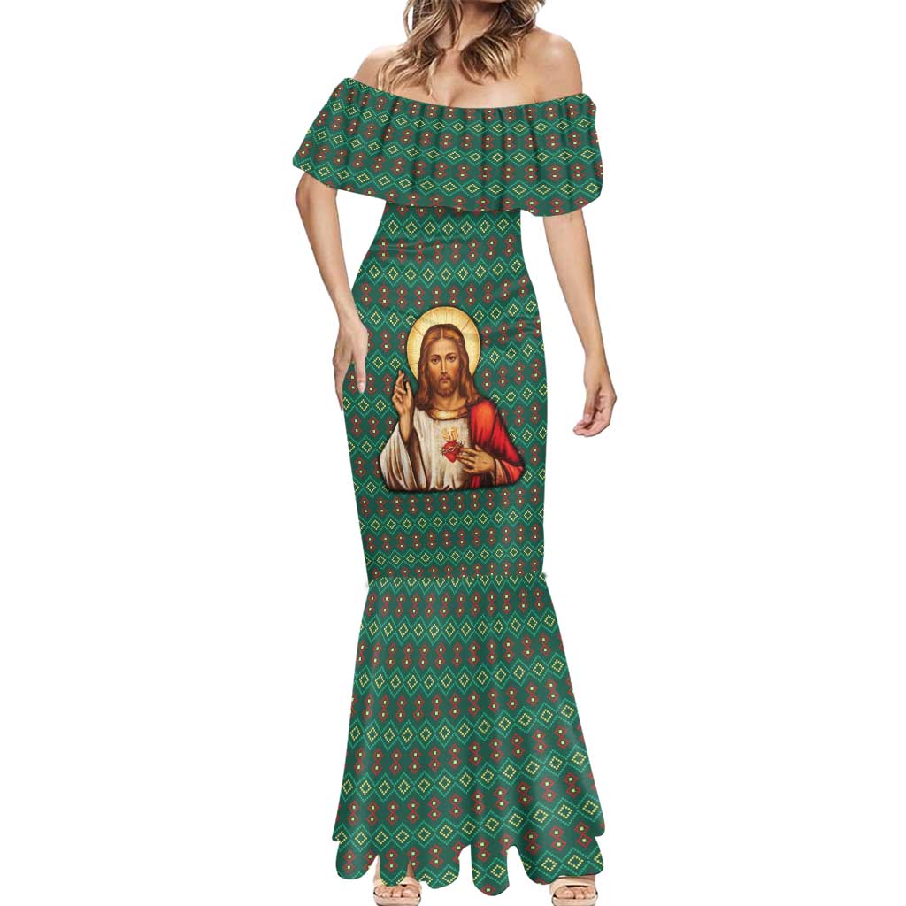 Sacred Heart Jesus Christmas Mermaid Dress with Festive Green Knit Pattern - Wonder Print Shop