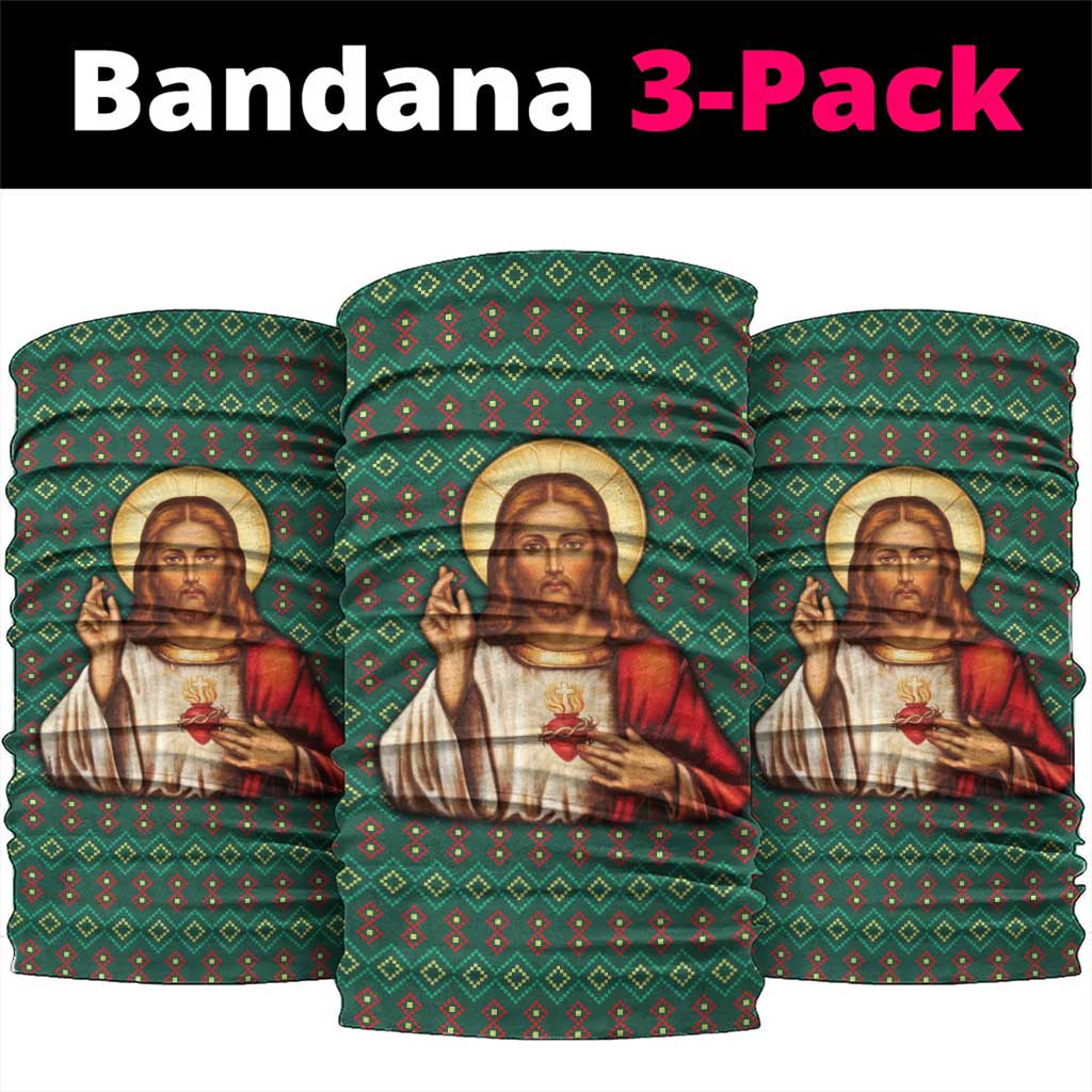 Sacred Heart Jesus Christmas Neck Gaiter with Festive Green Knit Pattern - Wonder Print Shop