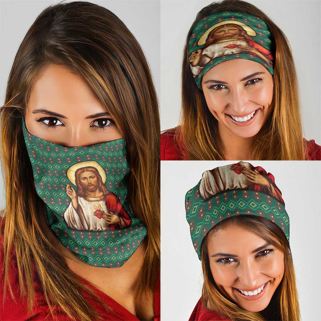 Sacred Heart Jesus Christmas Neck Gaiter with Festive Green Knit Pattern - Wonder Print Shop