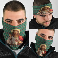 Sacred Heart Jesus Christmas Neck Gaiter with Festive Green Knit Pattern - Wonder Print Shop