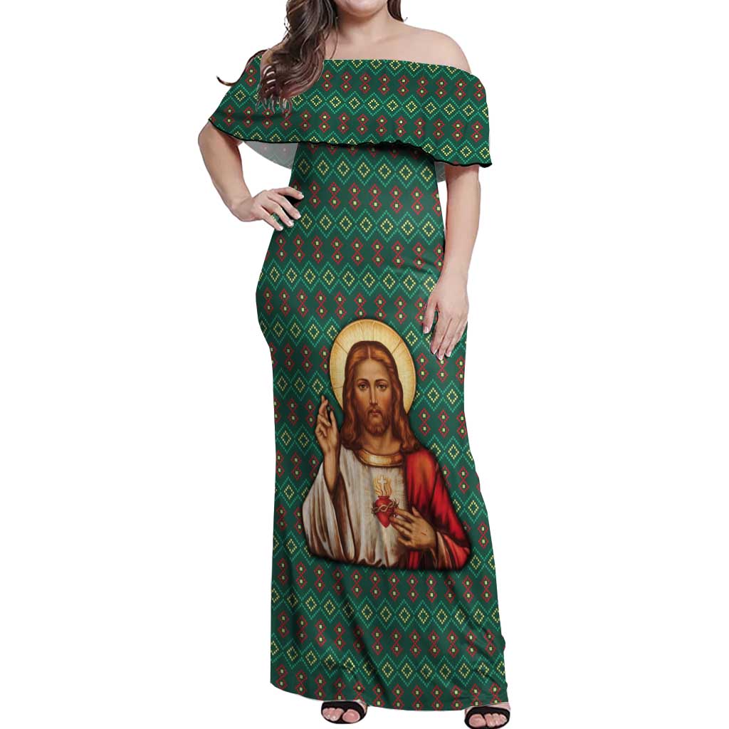 Sacred Heart Jesus Christmas Off Shoulder Maxi Dress with Festive Green Knit Pattern - Wonder Print Shop